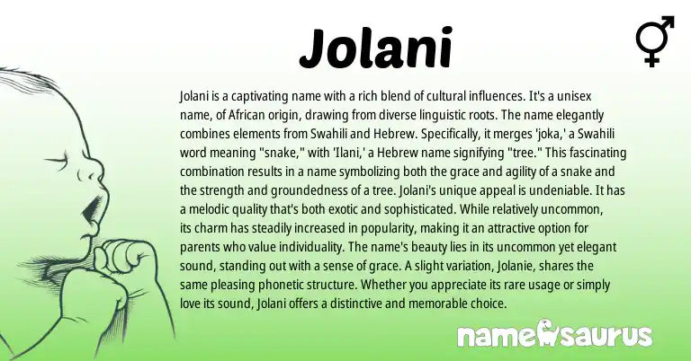 Infographic about Jolani name meaning, Jolani is a name from African, Hebrew, Swahili origin(s).