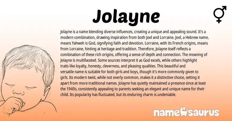 Infographic about Jolayne name meaning, Jolayne is a name from Greek, French, Hebrew, English origin(s).