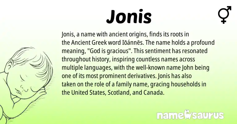 Infographic about Jonis name meaning, Jonis is a name from Ancient Greek, United States origin(s).