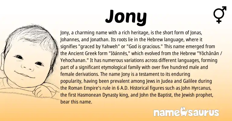 Infographic about Jony name meaning, Jony is a name from Jewish, Ancient Greek, Roman, Hebrew origin(s).