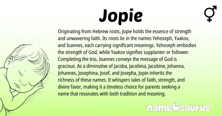 Infographic about Jopie name meaning, Jopie is a name from Hebrew origin(s).