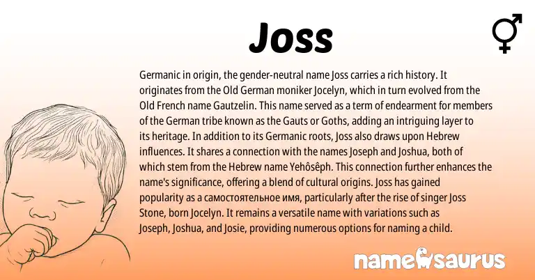 Infographic about Joss name meaning, Joss is a name from Old French, Germanic, Old German, German, Hebrew origin(s).