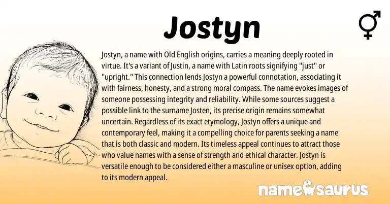 Infographic about Jostyn name meaning, Jostyn is a name from Latin, English, American origin(s).