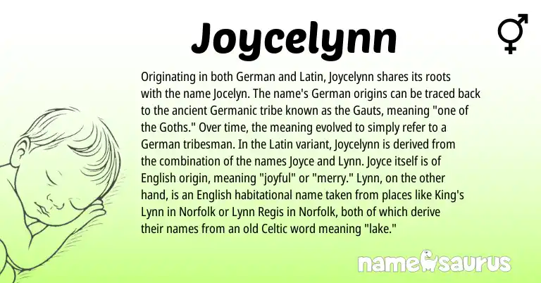 Infographic about Joycelynn name meaning, Joycelynn is a name from English, Germanic, Latin, Celtic, German origin(s).