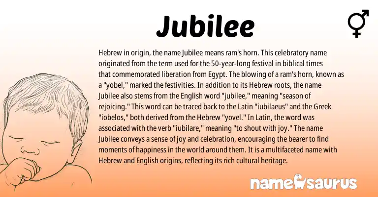 Infographic about Jubilee name meaning, Jubilee is a name from English, Latin, Hebrew, Greek origin(s).