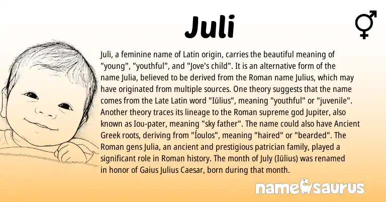 Infographic about Juli name meaning, Juli is a name from Roman, Late Latin, Latin, Ancient Greek origin(s).