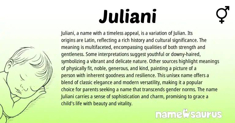 Infographic about Juliani name meaning, Juliani is a name from Romanian, Latin, Italian, Greek origin(s).