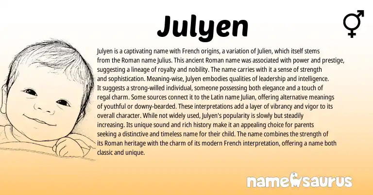 Infographic about Julyen name meaning, Julyen is a name from French, Roman origin(s).
