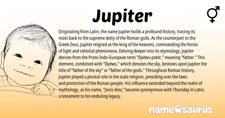 Infographic about Jupiter name meaning, Jupiter is a name from Roman, Latin, European, Greek origin(s).