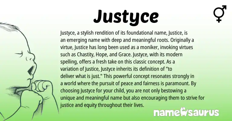Infographic about Justyce name meaning, Justyce is a name from N/A origin(s).