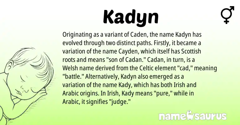 Infographic about Kadyn name meaning, Kadyn is a name from Irish, Welsh, Arabic, Celtic, Scottish origin(s).