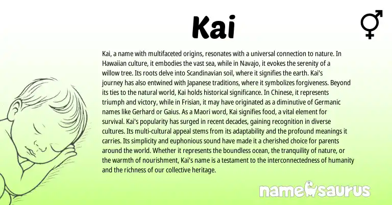 Infographic about Kai name meaning, Kai is a name from Chinese, Hawaiian, Navajo, Scandinavian, Japanese, Maori, Germanic, Frisian origin(s).