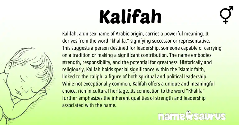 Infographic about Kalifah name meaning, Kalifah is a name from Arabic origin(s).