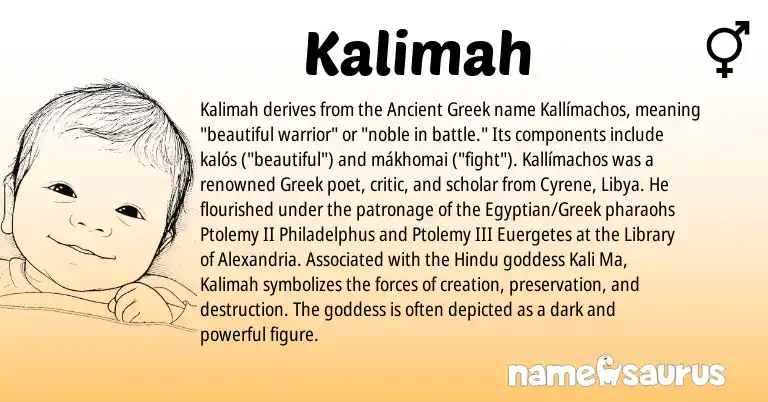 Infographic about Kalimah name meaning, Kalimah is a name from Egyptian, Ancient Greek, Hindu, Greek origin(s).