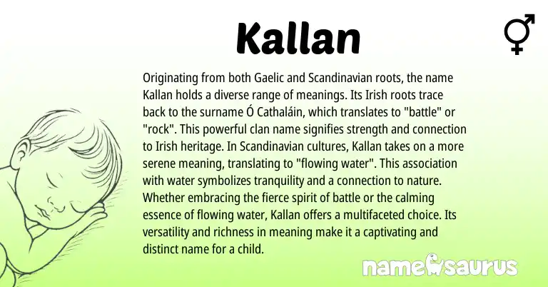 Infographic about Kallan name meaning, Kallan is a name from Irish, Scandinavian, Gaelic origin(s).