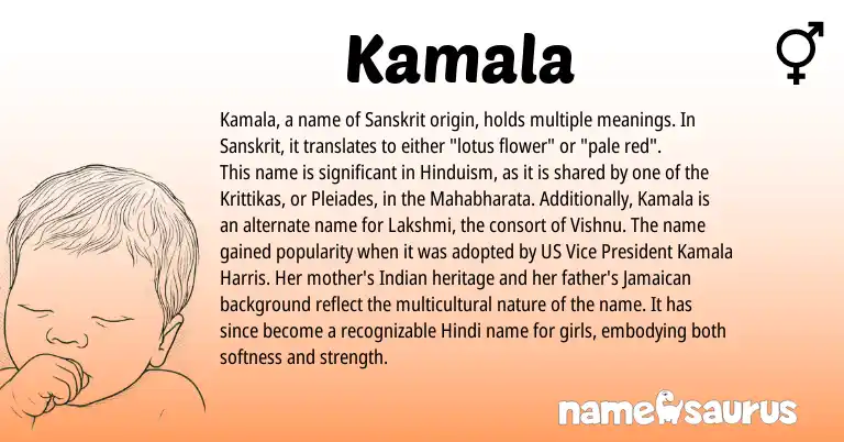 Infographic about Kamala name meaning, Kamala is a name from Indian, Jamaican, Hinduism, Hindi, Sanskrit origin(s).