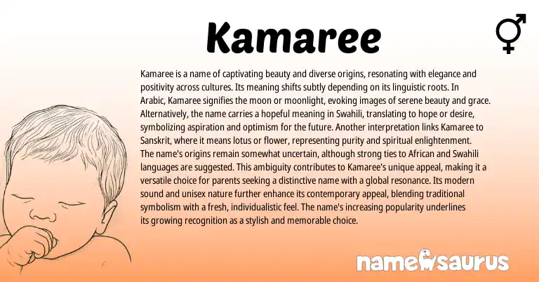 Infographic about Kamaree name meaning, Kamaree is a name from Swahili, Sanskrit, Arabic origin(s).