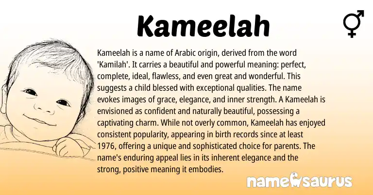Infographic about Kameelah name meaning, Kameelah is a name from Indian, Arabic origin(s).
