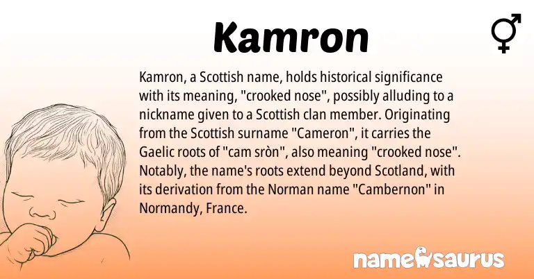 Infographic about Kamron name meaning, Kamron is a name from Gaelic, Norman, Scottish origin(s).