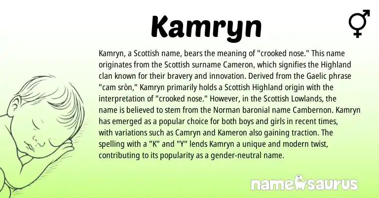Infographic about Kamryn name meaning, Kamryn is a name from Gaelic, Norman, Scottish origin(s).