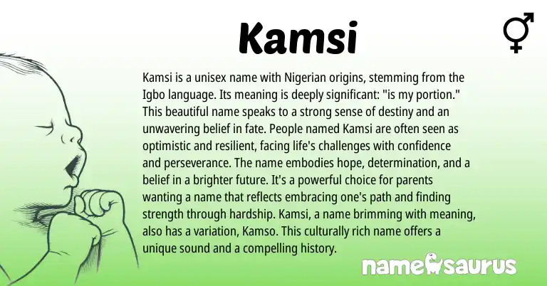 Infographic about Kamsi name meaning, Kamsi is a name from Igbo, Nigerian origin(s).