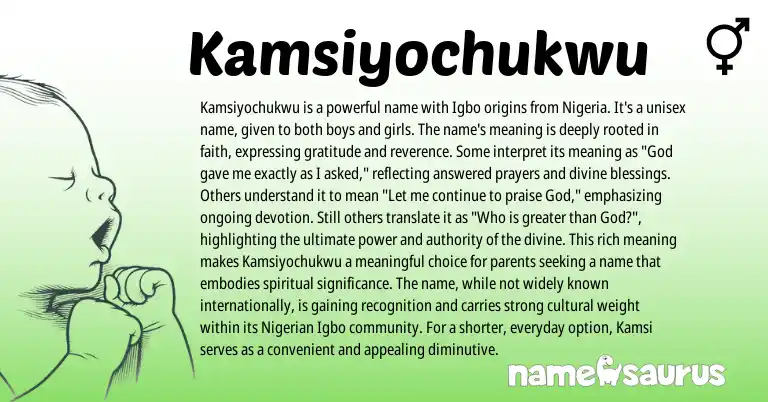 Infographic about Kamsiyochukwu name meaning, Kamsiyochukwu is a name from Igbo, Nigerian origin(s).