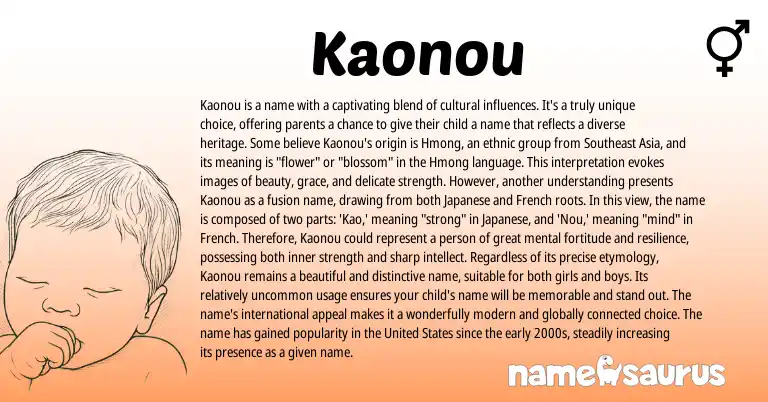 Infographic about Kaonou name meaning, Kaonou is a name from Japanese, French origin(s).