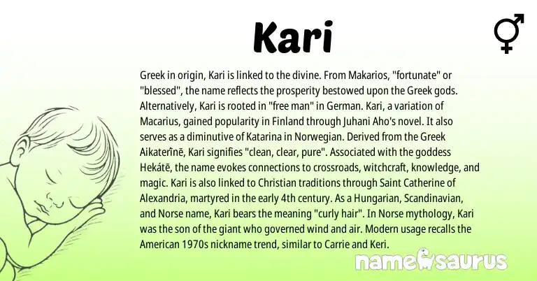 Infographic about Kari name meaning, Kari is a name from Scandinavian, Norwegian, Hungarian, Modern, Greek, German, American, Norse origin(s).