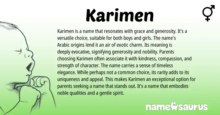 Infographic about Karimen name meaning, Karimen is a name from Arabic origin(s).