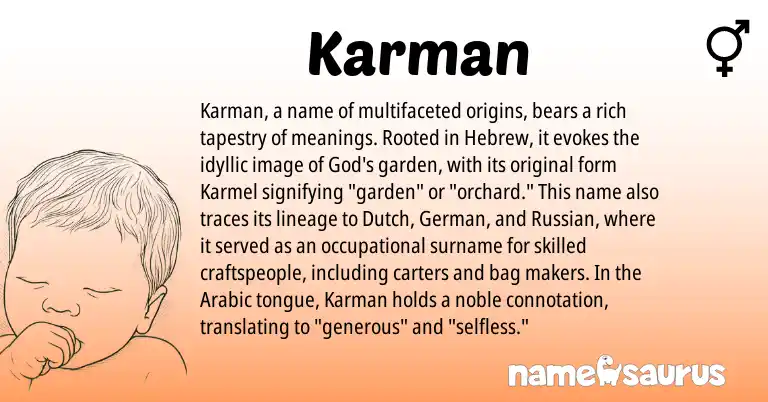 Infographic about Karman name meaning, Karman is a name from Russian, Arabic, German, Dutch, Hebrew origin(s).