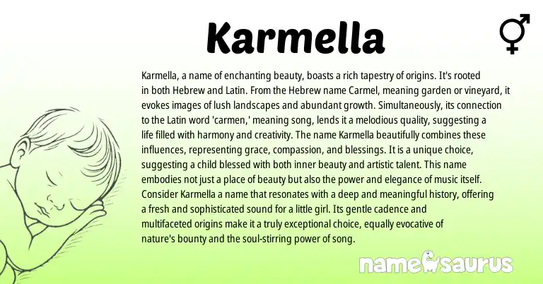 Infographic about Karmella name meaning, Karmella is a name from Armenian, Latin, Hebrew, English origin(s).