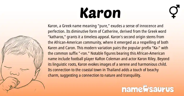 Infographic about Karon name meaning, Karon is a name from Karen, African, American, Greek origin(s).