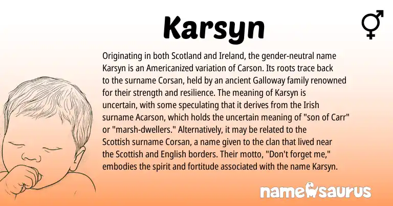 Infographic about Karsyn name meaning, Karsyn is a name from Irish, English, Ireland, Scottish origin(s).