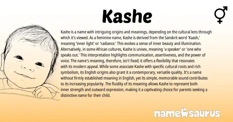 Infographic about Kashe name meaning, Kashe is a name from African, Sanskrit, American origin(s).