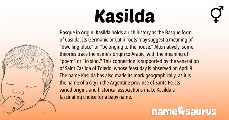 Infographic about Kasilda name meaning, Kasilda is a name from Basque, Arabic, Germanic, Latin origin(s).