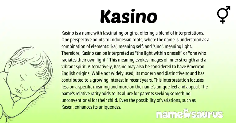 Infographic about Kasino name meaning, Kasino is a name from Indonesian origin(s).