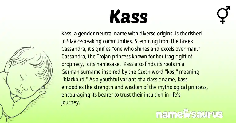 Infographic about Kass name meaning, Kass is a name from Slavic, German, Czech, Greek origin(s).