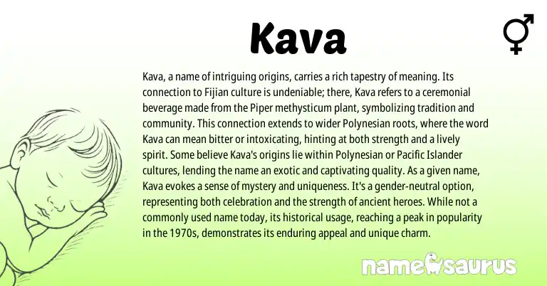 Infographic about Kava name meaning, Kava is a name from Persian, Fijian, Polynesian origin(s).