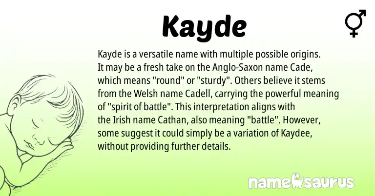 Infographic about Kayde name meaning, Kayde is a name from Irish, Welsh, Anglo-Saxon origin(s).