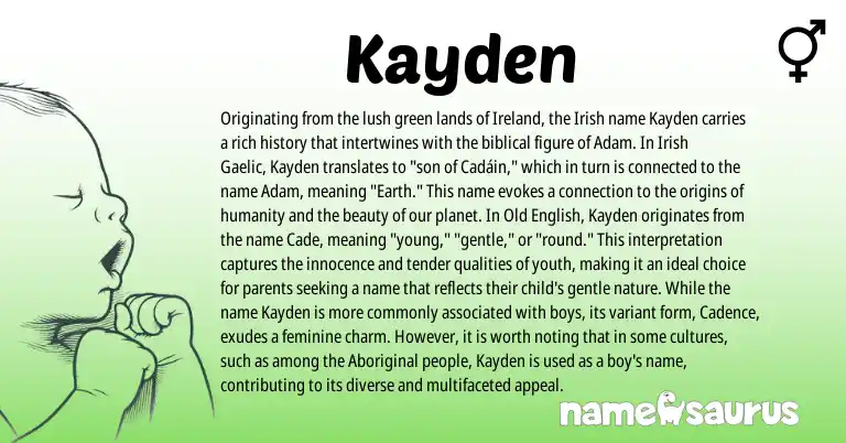 Infographic about Kayden name meaning, Kayden is a name from Irish, Ireland, Aboriginal, Gaelic, Old English origin(s).
