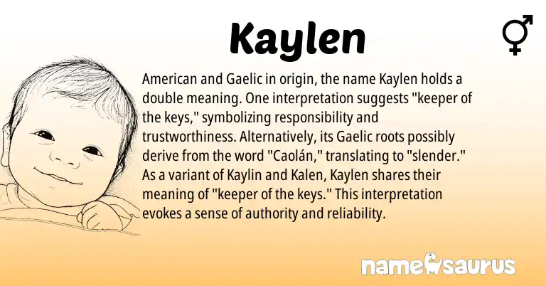 Infographic about Kaylen name meaning, Kaylen is a name from Gaelic, American origin(s).