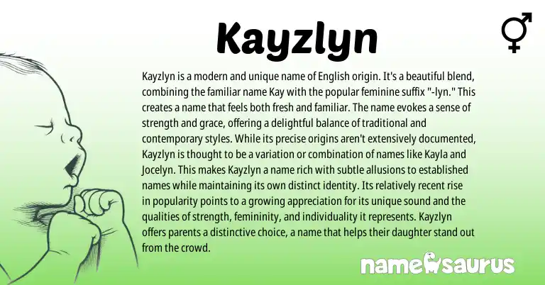 Infographic about Kayzlyn name meaning, Kayzlyn is a name from English origin(s).