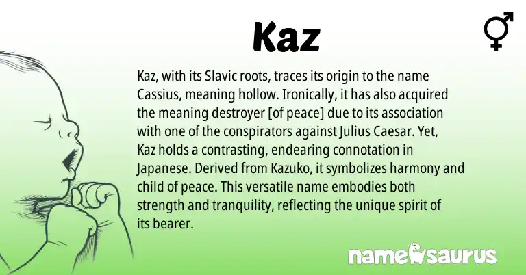 Infographic about Kaz name meaning, Kaz is a name from Slavic, Japanese origin(s).