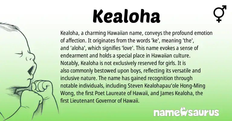 Infographic about Kealoha name meaning, Kealoha is a name from Hawaiian origin(s).