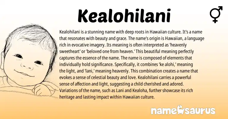 Infographic about Kealohilani name meaning, Kealohilani is a name from Hawaiian origin(s).