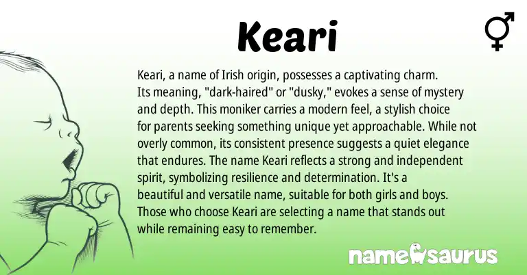 Infographic about Keari name meaning, Keari is a name from Irish origin(s).