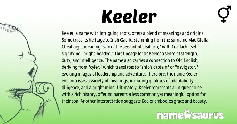 Infographic about Keeler name meaning, Keeler is a name from Gaelic, English, Irish origin(s).