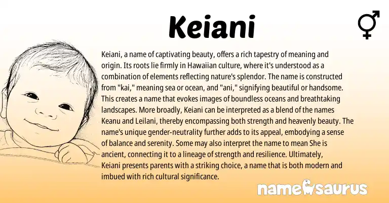 Infographic about Keiani name meaning, Keiani is a name from Irish, Hawaiian origin(s).