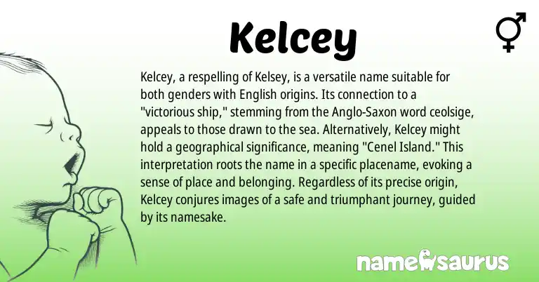 Infographic about Kelcey name meaning, Kelcey is a name from English, Anglo-Saxon origin(s).