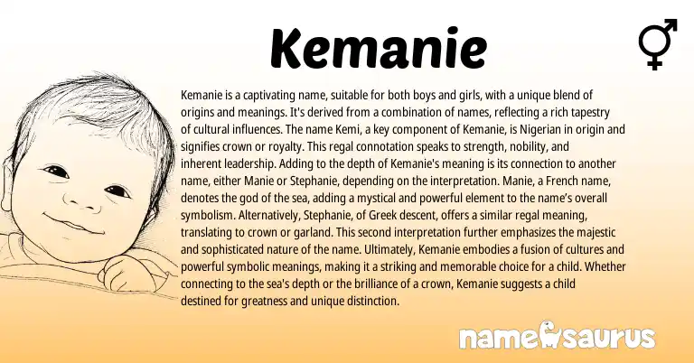 Infographic about Kemanie name meaning, Kemanie is a name from French, Nigerian origin(s).